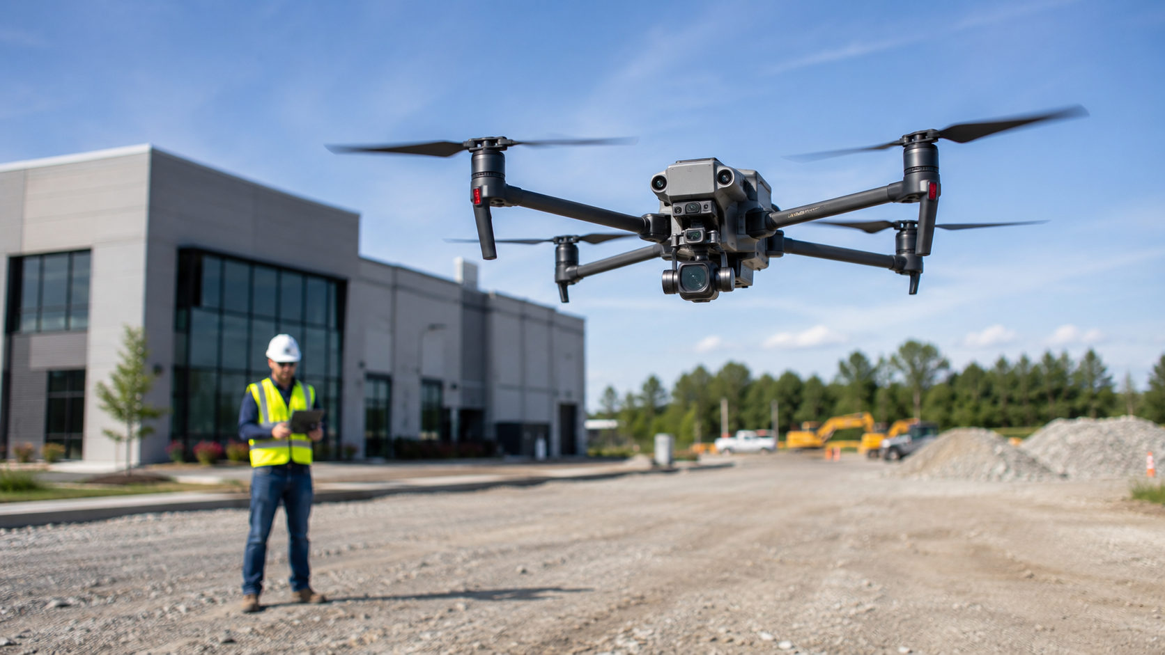 Commercial drone operations near an industrial property.